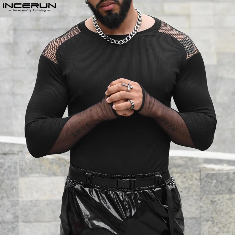 INCERUN 2024 American Style Stylish Rompers Fashion Men's Thin Mesh Splicing Jumpsuit Sexy O-neck Long Sleeved Triangle Bodysuit