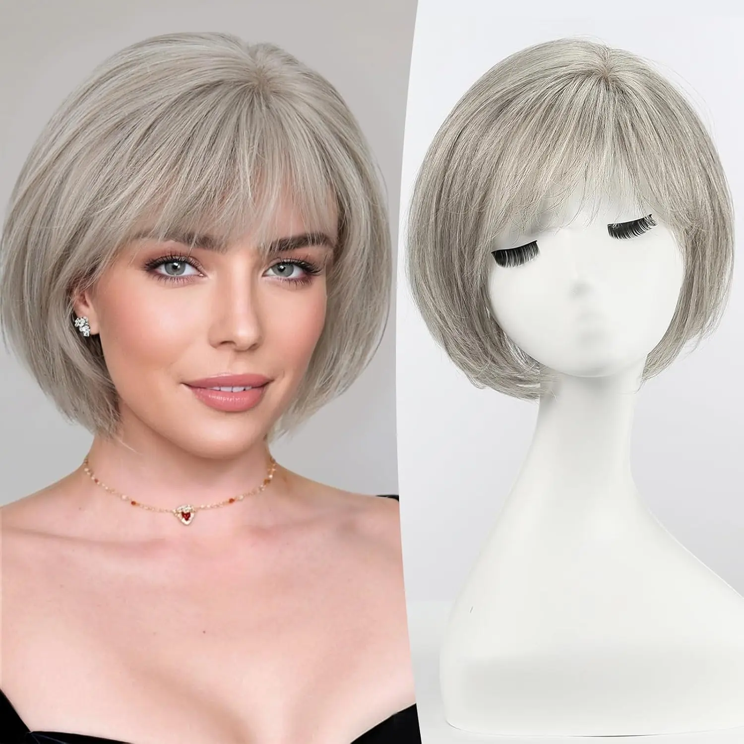 

Серые человеческие волосы с челкой для женщин Шиньоны с боковой частью и тонкими волосами 10 дюймов Наращивание волос Большая основа Боб Человеческие волосы