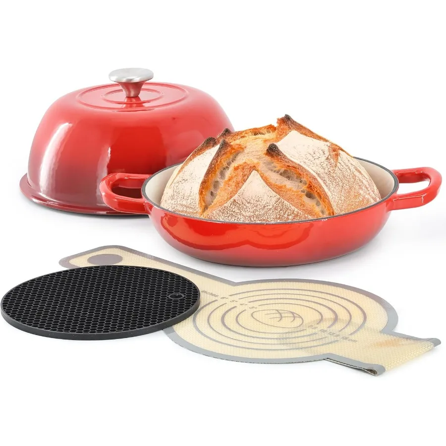 

6 Quart Enameled Cast Iron Bread Pot in Red with Baking Mat, Dutch Oven, Bread Oven for Homemade Bread (Red)