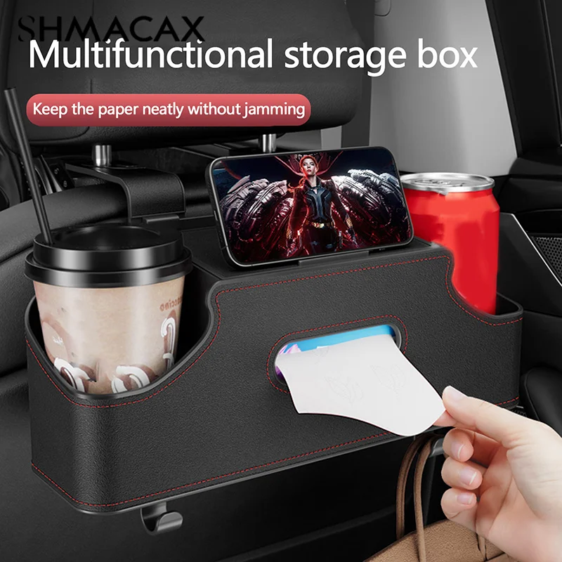 Car Headrest Storage Box Leather Tissue Box Multifunctional Car Backseat Hook Organizer Holder Car Seat Back Storage Box 