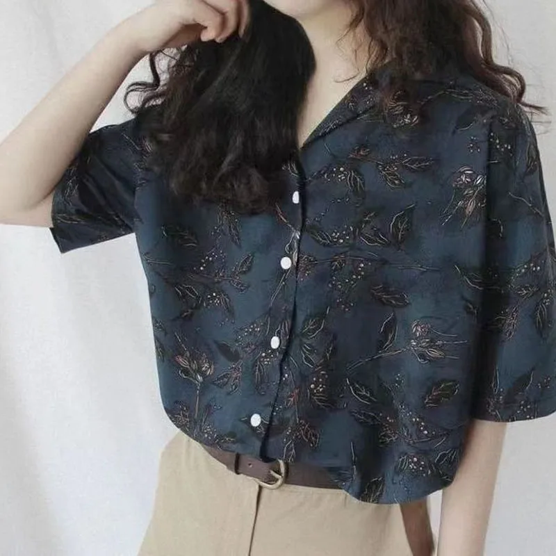 Women\'s Vintage Loose Printed Single-breasted Shirt Summer Female Clothing Fashion Casual Short Sleeve Turn-down Collar Blouse