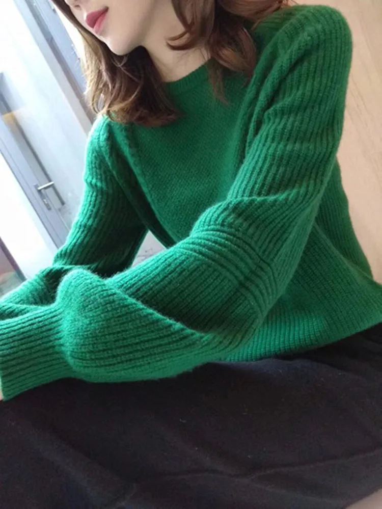 Maglione in puro Cashmere da donna, fascia alta, girocollo, sciolto, addensato, fondo verde retrò, inverno, 100