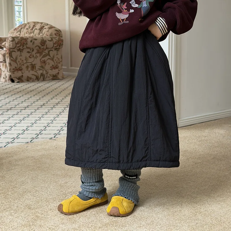 

Children Girls Skirt Winter Reversible Thicken Warm Toddler Girls Black Quilted Ankle Length Dress Elastic Waist Kids Girl Dress