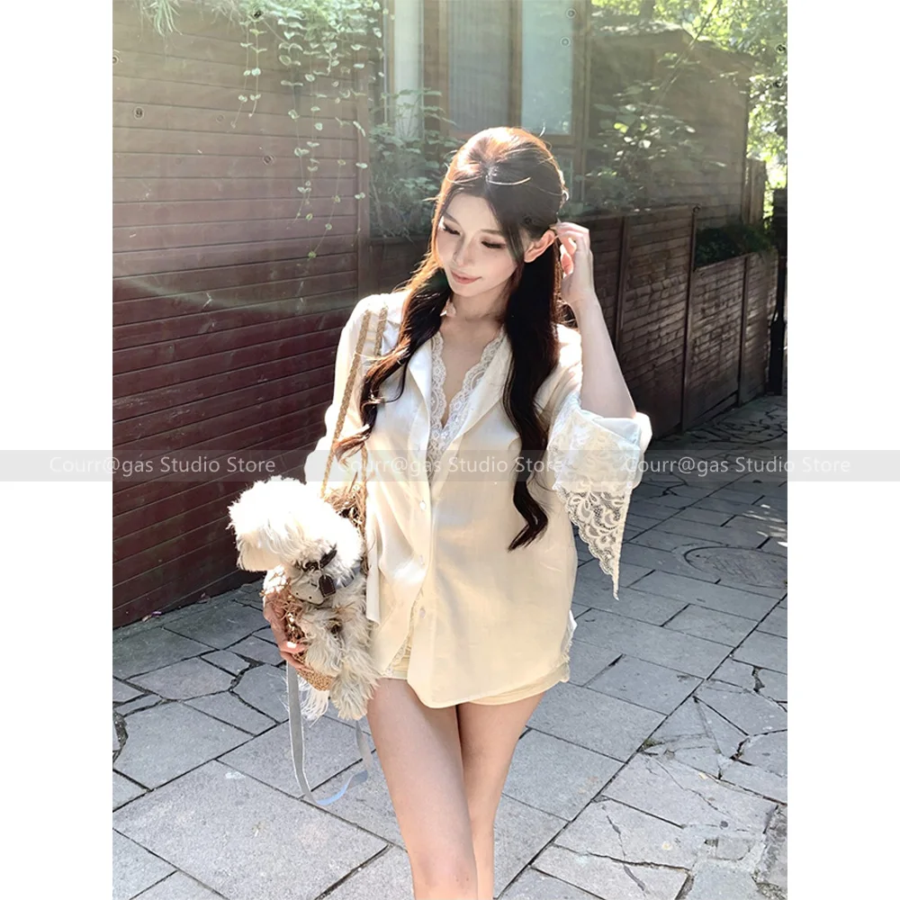 

2024 Early autumn new niche lapel lace splicing loose lazy long-sleeved shirt blouse female