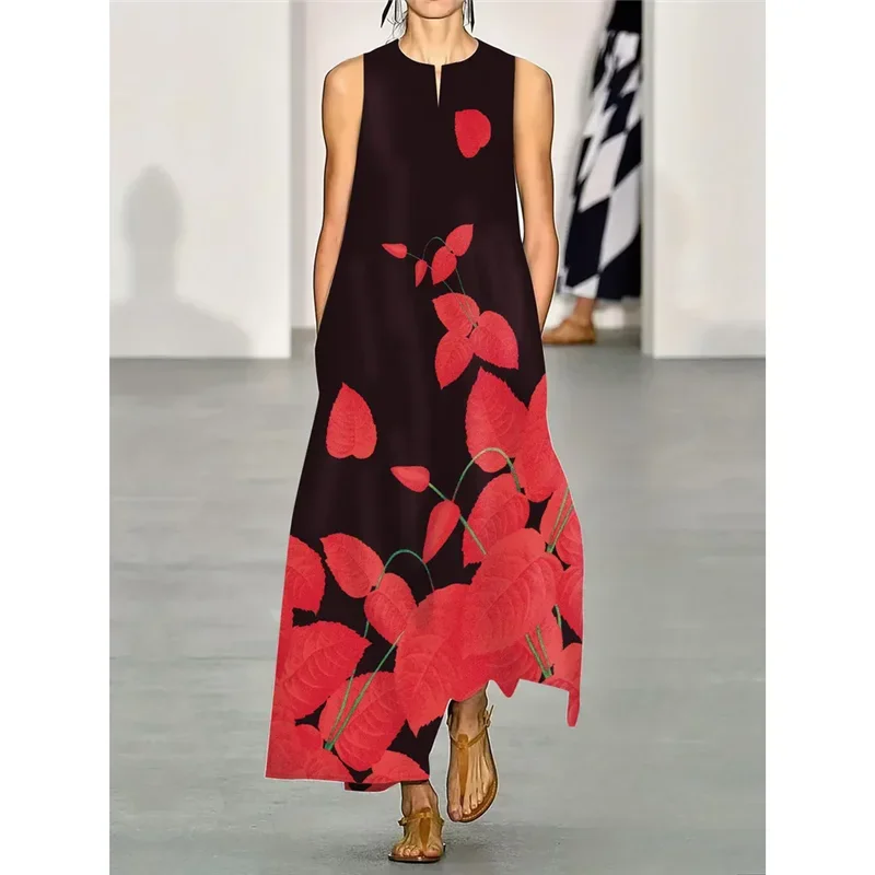 Red Floral Print Long Dress For Women's Clothing Spring Summer Sleeveless Sexy V-neck 3D Butterfly Pattern Maxi Ladies Sundress