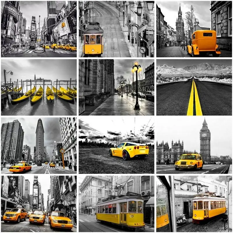 GATYZTORY Paint By Numbers Adults Black And White Landscape Painting By Numbers Yellow Car Canvas Painting With Frame Wall Art