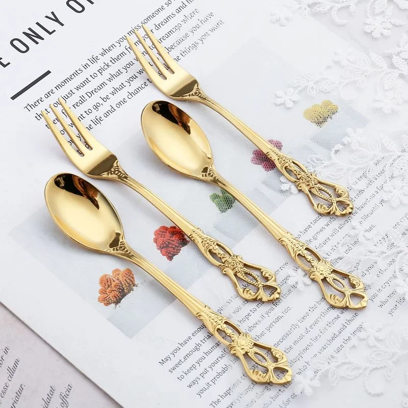 European Stainless Steel Coffee Spoon Royal Dessert Spoon Antique Hollow Cake Fruit Fork Embossed Spoon Gold