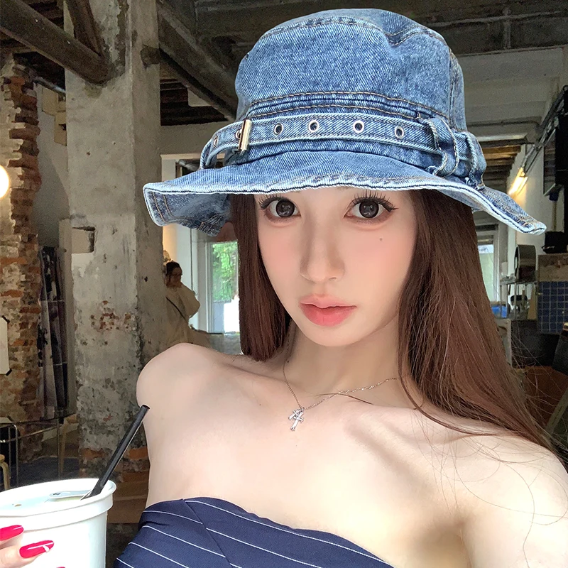 

High Quality Japanese Retro Old Washed Denim Bucket Hat Men and Women Spring and Autumn Breathable Big Head Sunshade Sun Cap