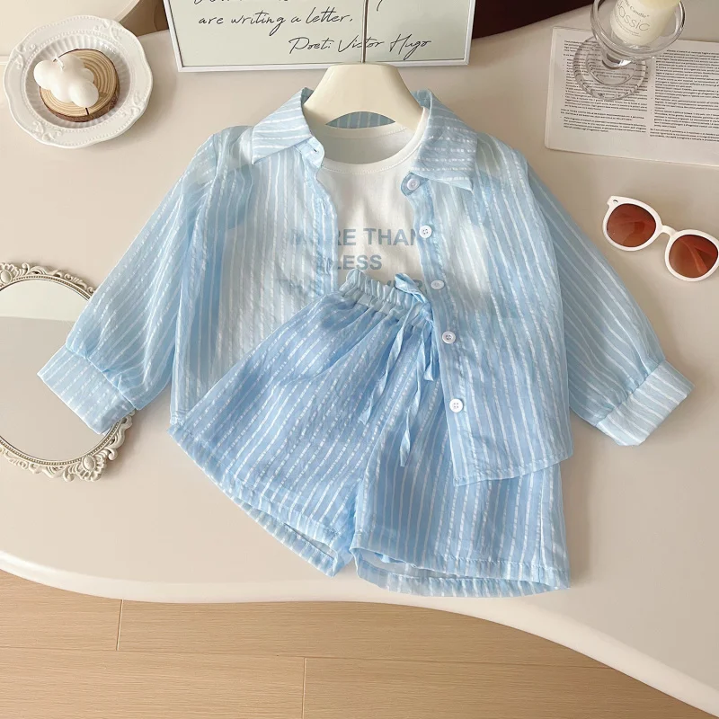 

Girls' Summer Outfit New Children's Striped Sun Protection Long Sleeve Shirt Vest Shorts Three-Piece Set
