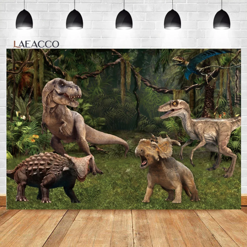 Laeacco Dinosaur Backdrop 3D Jungle World Dinosaur Kingdom Boys Birthday Baby Shower Portrait Customized Photography Background