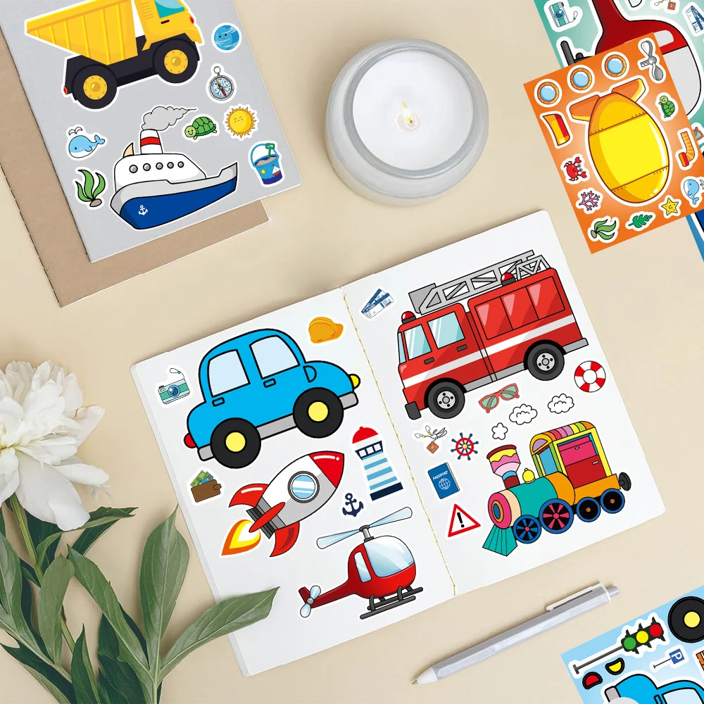 

8/16sheets Children Cartoon Engineering Transport Puzzle Stickers Kid Educational DIY Truck Airplane Jigsaw Decal Kid Party Gift