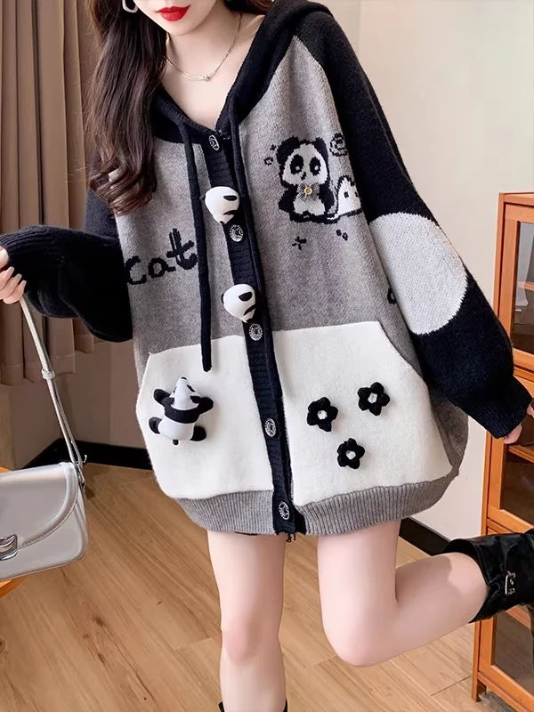 

Large Size 300 Pounds Cute Panda Hoodie Knitted Sweater Coat Women's Autumn Winter Design Sense Anti-Aging Couple Knit Cardigan