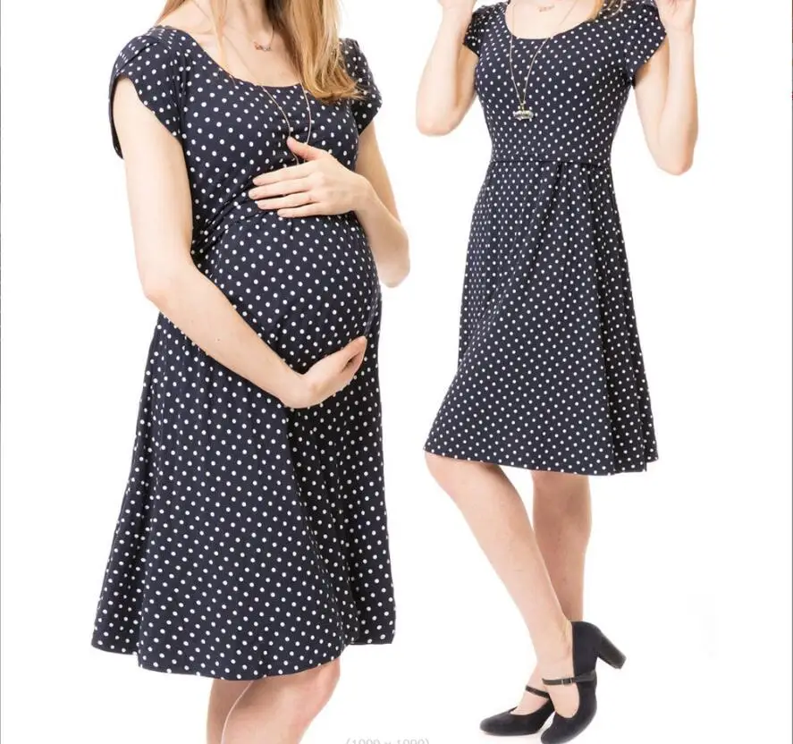 

Autumn Summer Pregnant Dresses Women Casual Comfortable Fashion Dresses Polka dot round neck Short Sleeved Breastfeeding Dress