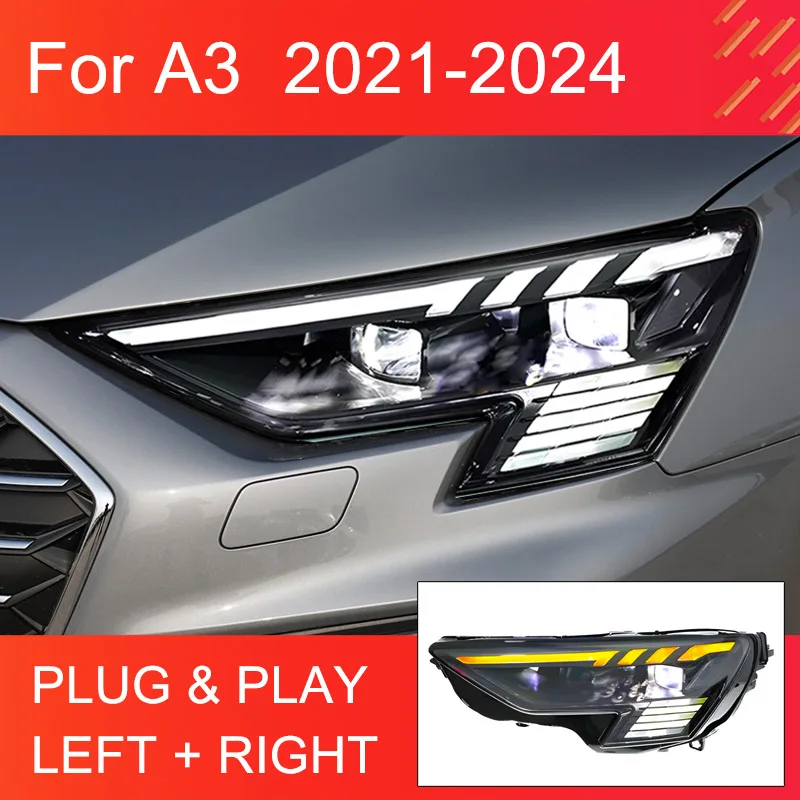 

1 пара светодиодных фар для AUDI A3 8Y S3 RS3 2021-2024, фары Plug and Play, светодиодные DRL, поворотные, полностью светодиодные передние фары