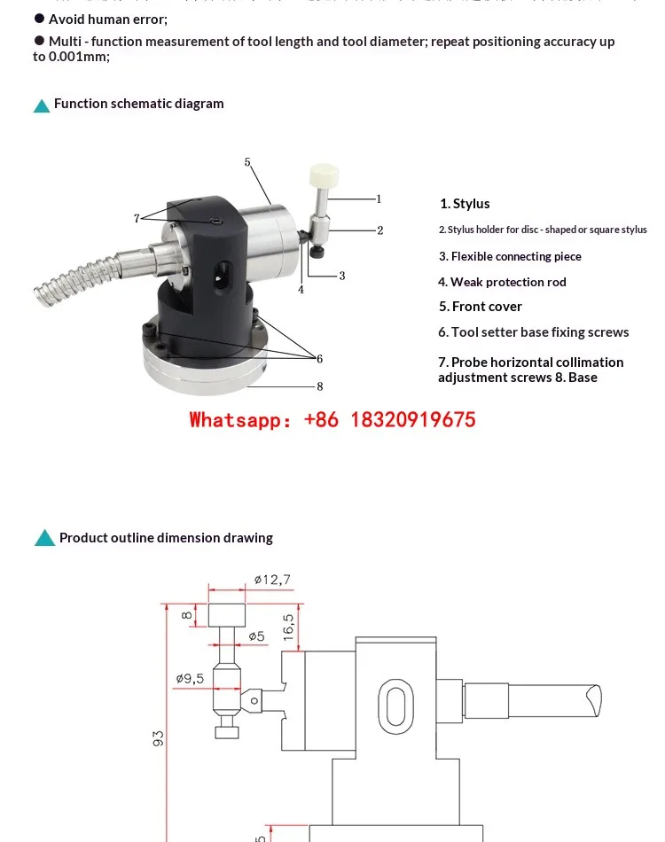 5-Direction Tool Setter: CNC Tool Diameter, Runout, Automatic Tool Setting, Broken Tool Detection, replaces Renishaw TS27Rr