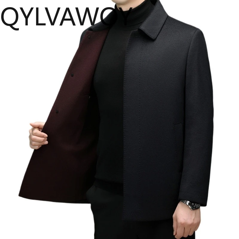 

QYLVAWOY 100% Кашемировая Мужская Куртка: Роскошные Пальто Осень-Зима, Свободный Крой, Утепленные Теплые Мужские Пальто, Деловой Повседневный Стиль, Новинка