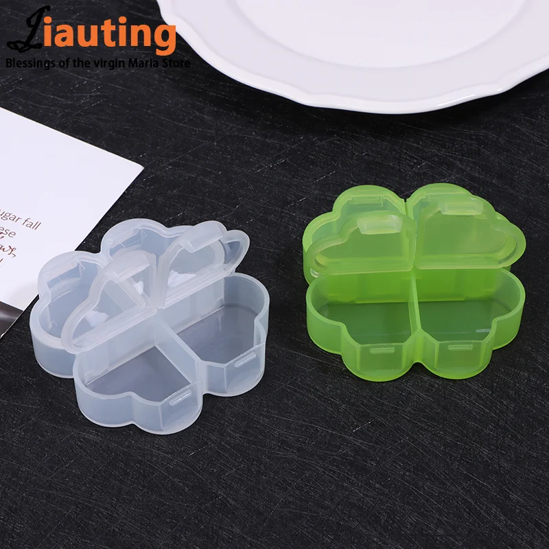 Portable Plastic Pill Storage Box With Independent Opening Design Four-leaf Clover 4 Grids Pill Organizer Drug Separation Box