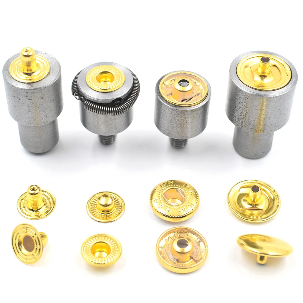 50 juegos de botones a presión de Metal dorados/bronce de 10mm/12,5mm/15mm con 1 Juego de molde de interfaz de rosca M6 combinado para herramienta