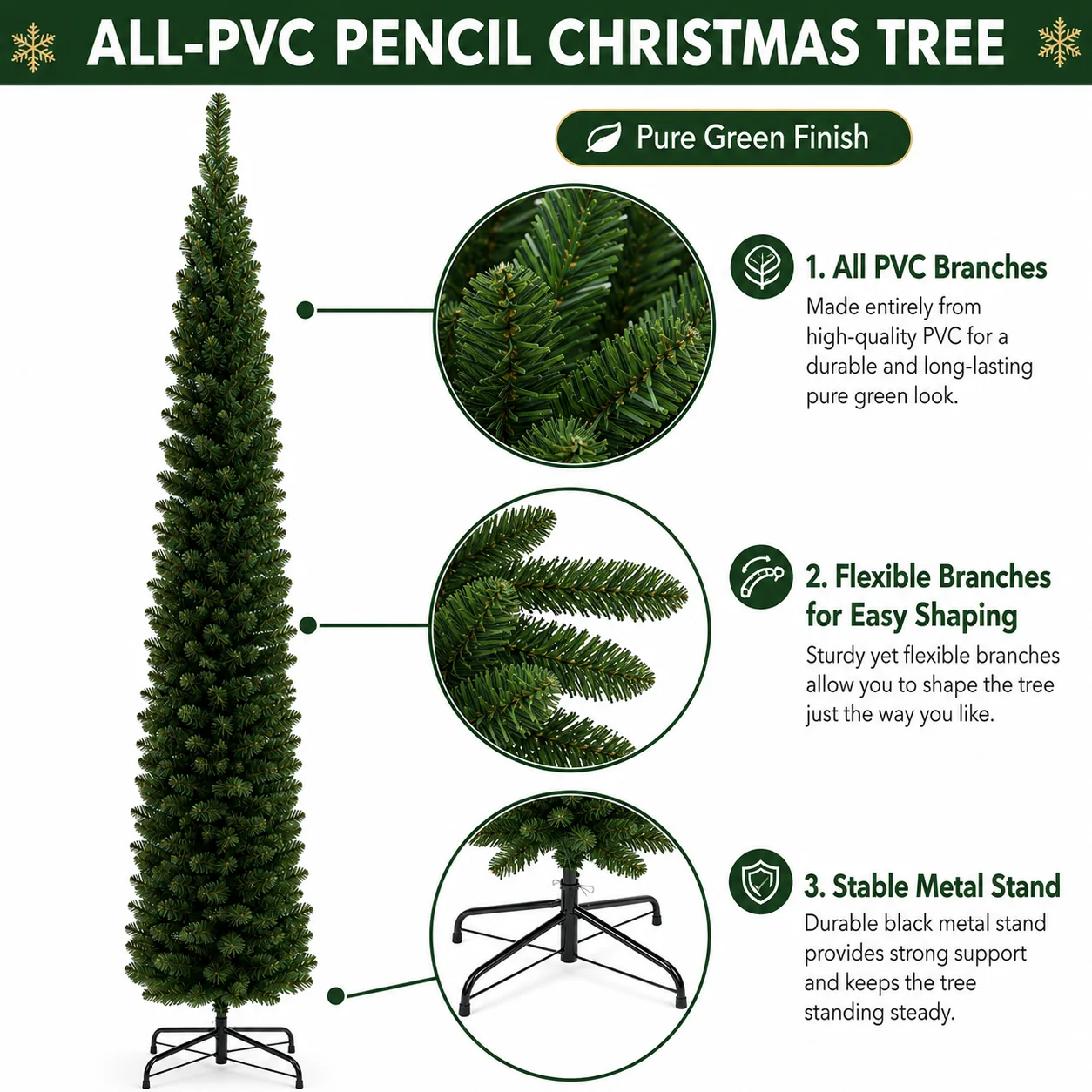 Artificial Christmas Tree Slim Pencil All PVC Space Saving Xmas Tree 1.2-2.4M Optional Ribbon LED Light for Home Office