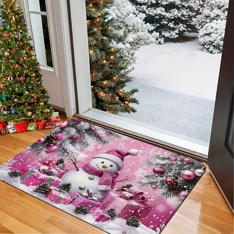 Pink Christmas Snowman Flannel Doormat Gift Box Pine Cone Baubles Snowflake Anti‑Slip Home Front Entrance Holiday Decor Rug