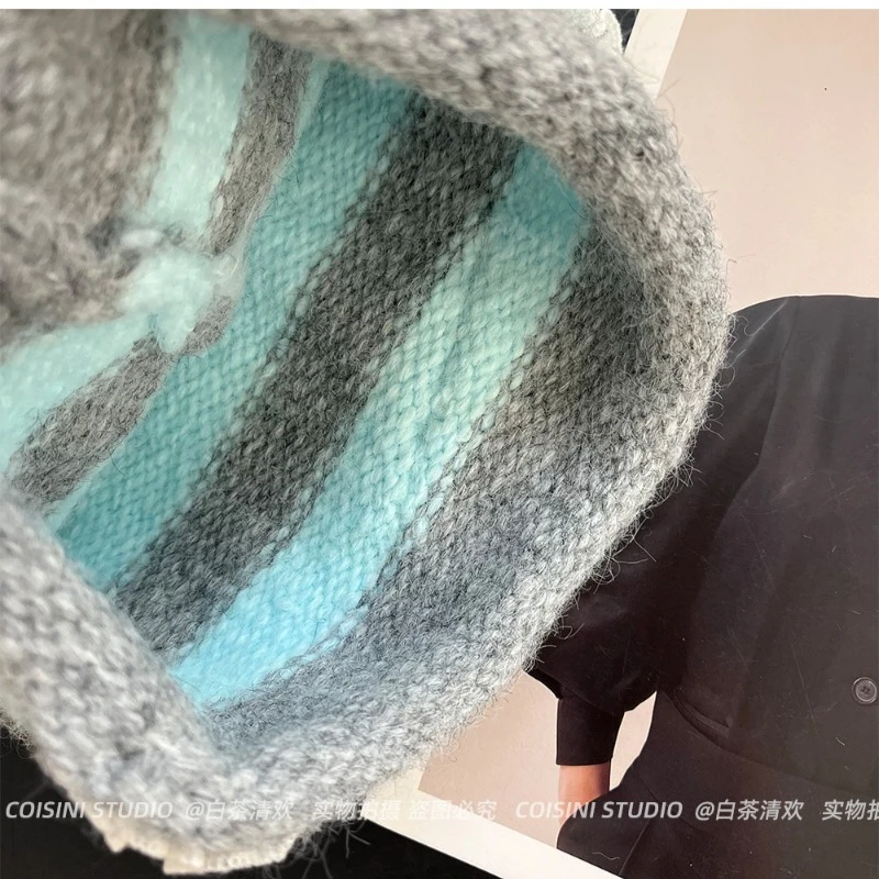 Koreanische Ins Süße Strickmütze mit Katzenohren und gestreiftem Spitzenrand für Damen, Herbst/Winter, Y2K, warme und modische Skull-Beanie-Mützen – Detail 6
