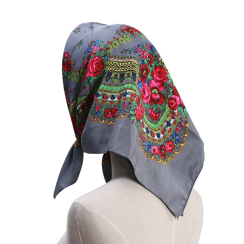 70*70cm Luxury Floral Russian Square Scarf Women Head Hair Bandana Babushka Handkerchief Ukrainian Shawl Headband Scarves