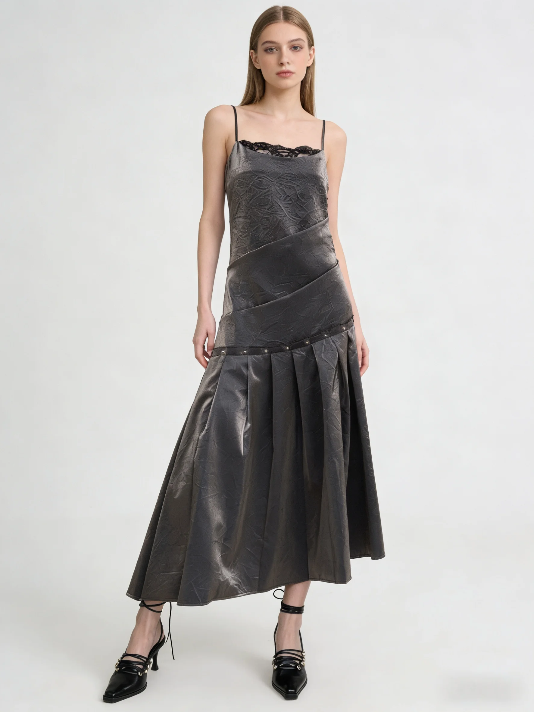 

Женское платье во французском стиле, весенне-летний дизайн, юбка-камизоль с асимметричным кружевом и плиссировкой, длинная юбка.