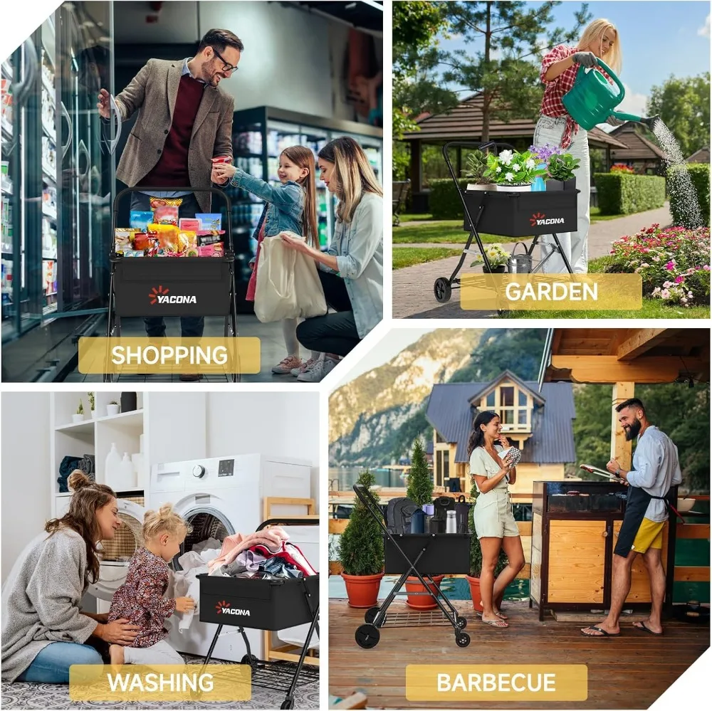 عربة تسوق قابلة للطي بطبقتين مع عجلات، عربة بقالة مقاومة للماء للغسيل والنقل، سعة 150 رطل