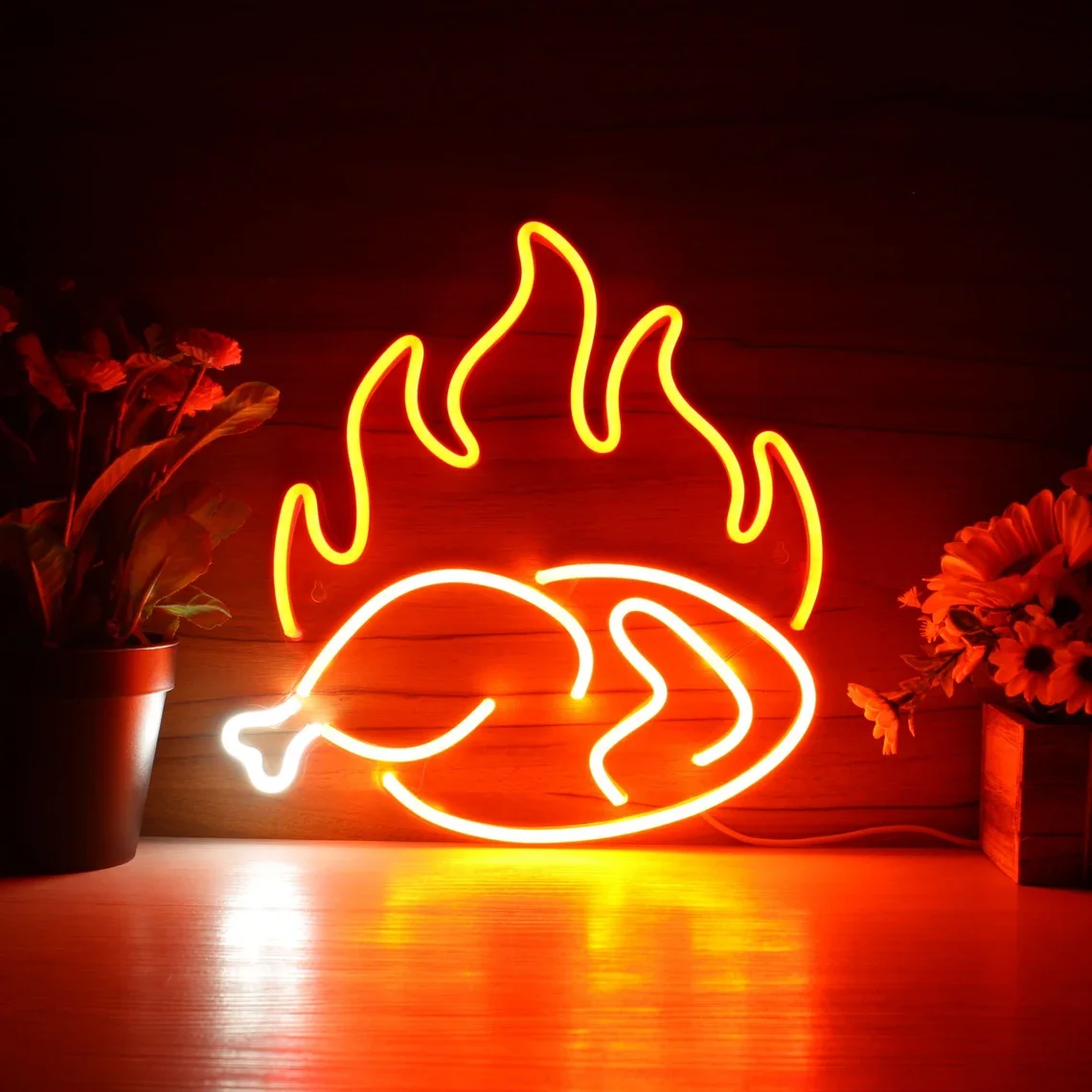 Roast Chicken Neon Sign Chicken Shop Restaurant with Flame Decoration Custom LED Neon Sign Living Room Art Neon