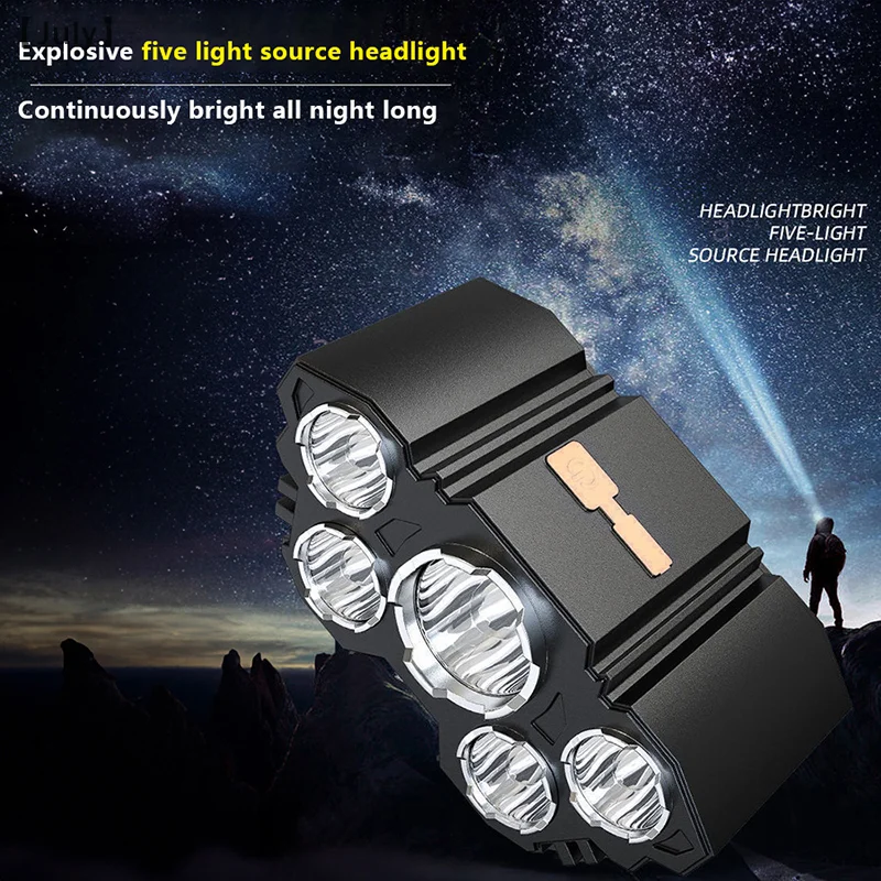 Супер яркий 5-светодиодный налобный фонарик, перезаряжаемый через USB, уличный мощный водонепроницаемый налобный фонарь для кемпинга, рыбалки, приключений