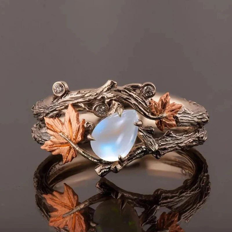Retro Grade Gold Twig Maple Leaf Moonstone Ring for Women; Luxurious Accessory; Perfect Girls Jewelry Anniversary Gift