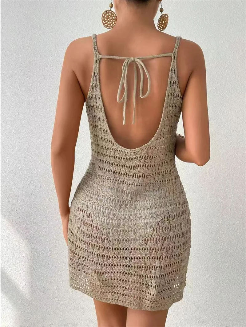 

Женское сексуальное ажурное платье без рукавов с открытой спиной на шнуровке, вязаное, в стиле бохо, пляжное, как накидка для бикини, крючком, для плавания