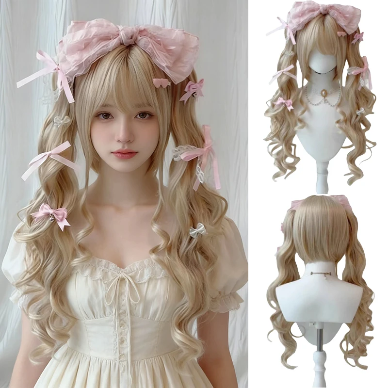

Detachable Double Ponytail Full Wig Long Wavy Curly Lolita Wig for Women Girls Heat Resistant Synthetic Wig for Cosplay Daily