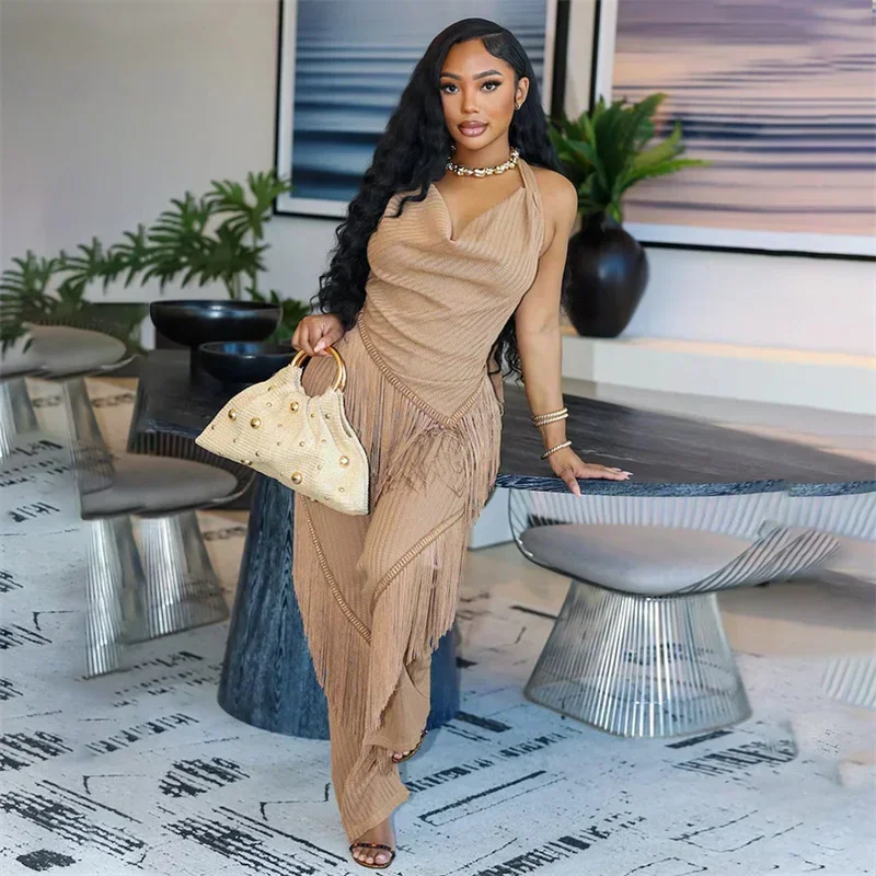 Sexy Club Party Two Piece Set for Women Elegant Halter V-neck Backless Tassel Top and Pants Matching Sets Birthday Outfits Y2K