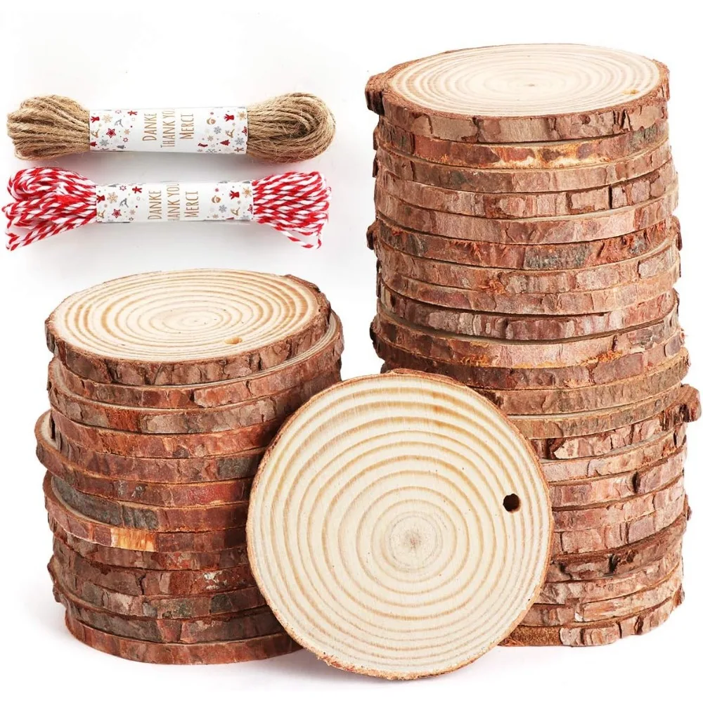 50Pcs Wood Slices 2.4"-2.8" Unfinished Wood Rounds with Pre-drilled Hole and 66Feet Twine String, Natural Wood for Crafts for Ho