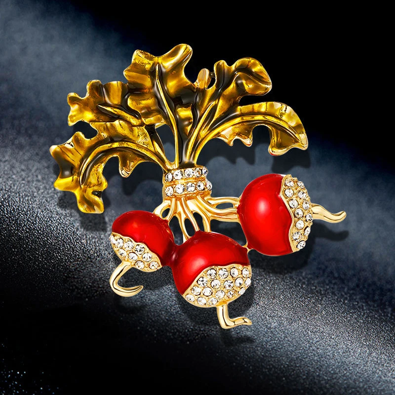 Red Enamel Radish Alloy Brooch Gold Metal Crystal Stone Rhinestone Turnip Pin Unisex Backpack Badge for Party Wedding Banquet