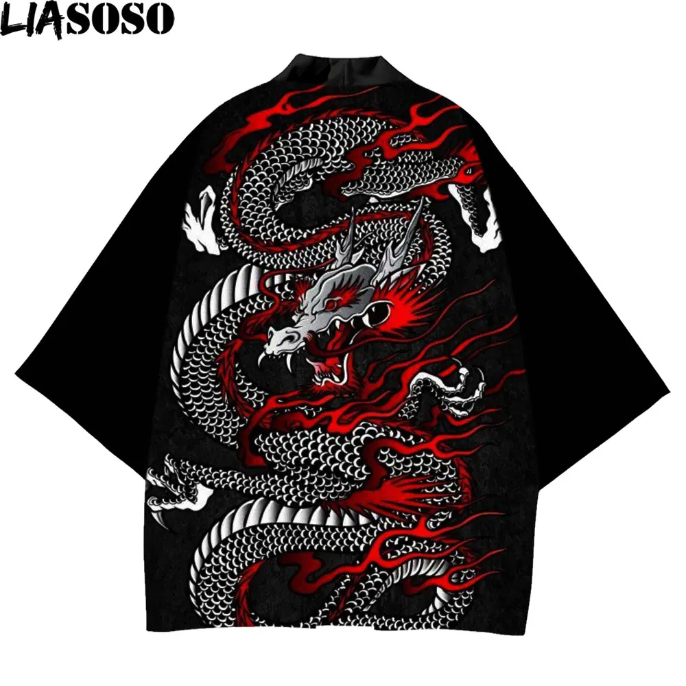 LIASOSO Black Kimono Dragon Asian Traditional Feather Top Taihei Yukata Anime Ukiyo-e Dress Homme Cardigan Cosplay Kimonos