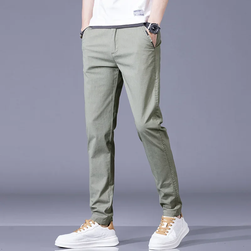 2024 Autumn Summer Casual Men Green Straight Elastic Waist Business Pants Male Soft Cotton Stretch Slim Formal Trousers Clothing