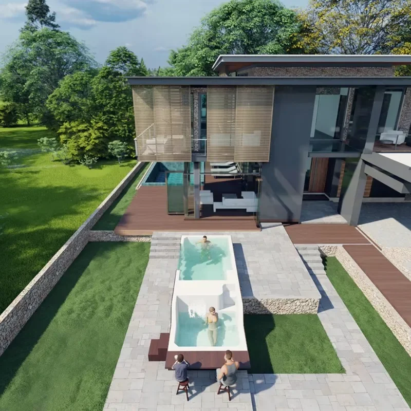 Piscina de Spa sin fin de doble zona, Wpc, ventana acrílica de fibra de vidrio de madera, suministros de equipos de piscina sobre el suelo para exteriores