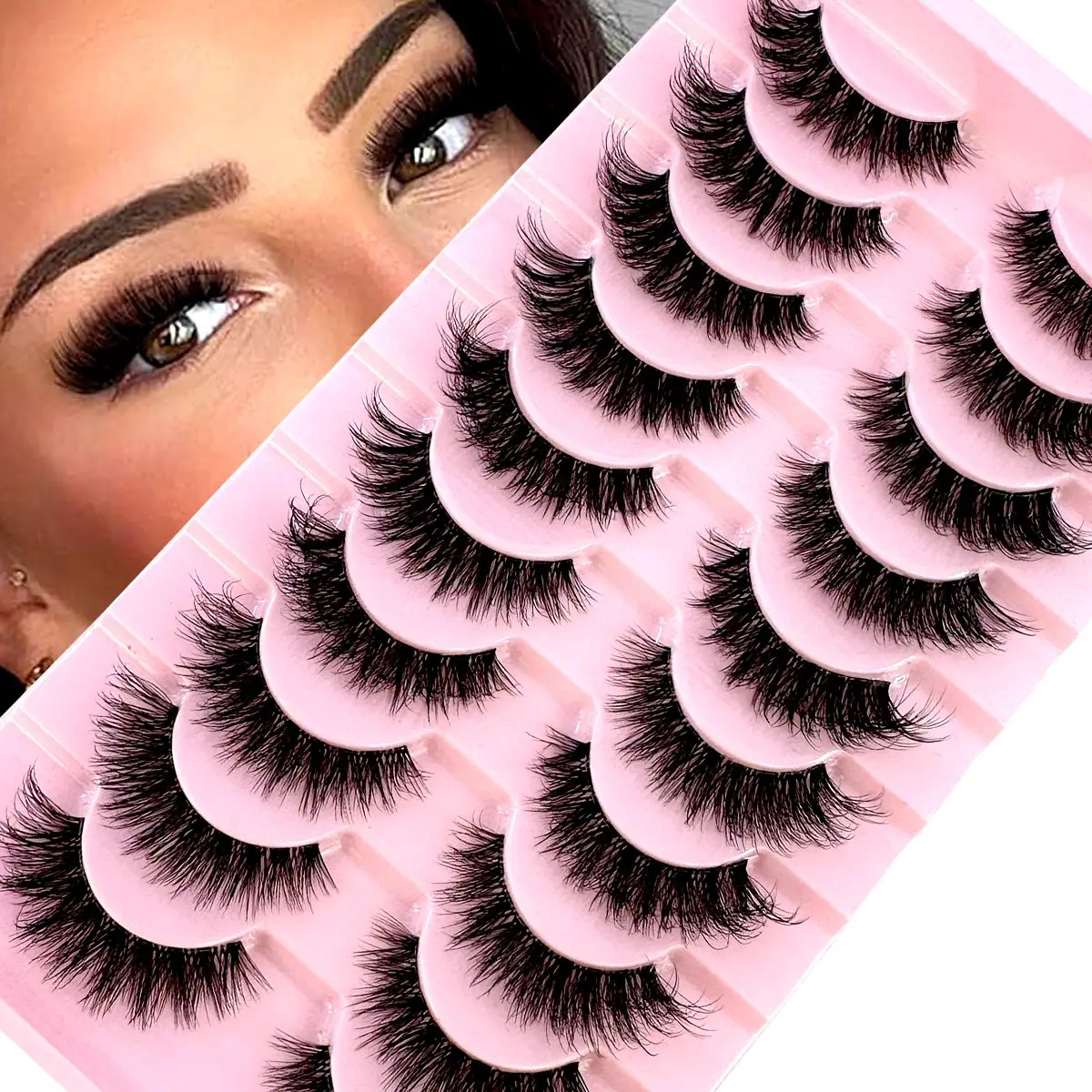 Fluffy False Eyelashes 10Pairs Natural Cat Eye Lashes Transparent stem Faux mink Lashes Thick Soft Curly Lashes