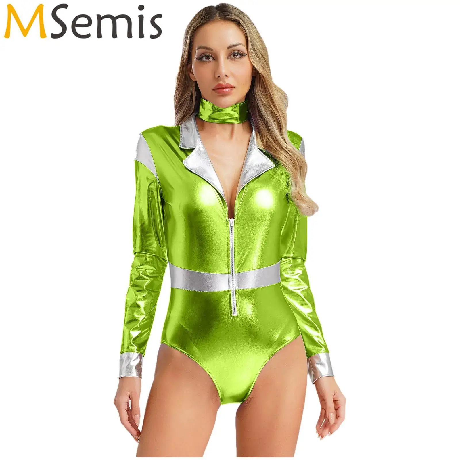 

Women Shiny Metallic Outer Space Fighter Alien Astronaut Cosplay Costume Robot Jumpsuit with Choker Rave Party Halloween Costume