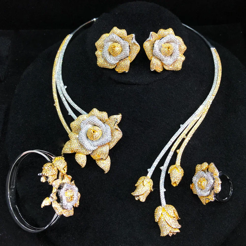 

Soramoore 4 PCS Shiny Charm Flower Necklace+Bangle+Earrings+Ring Jewelry Set for Bridal Wedding Women Party Show Jewelry Gift