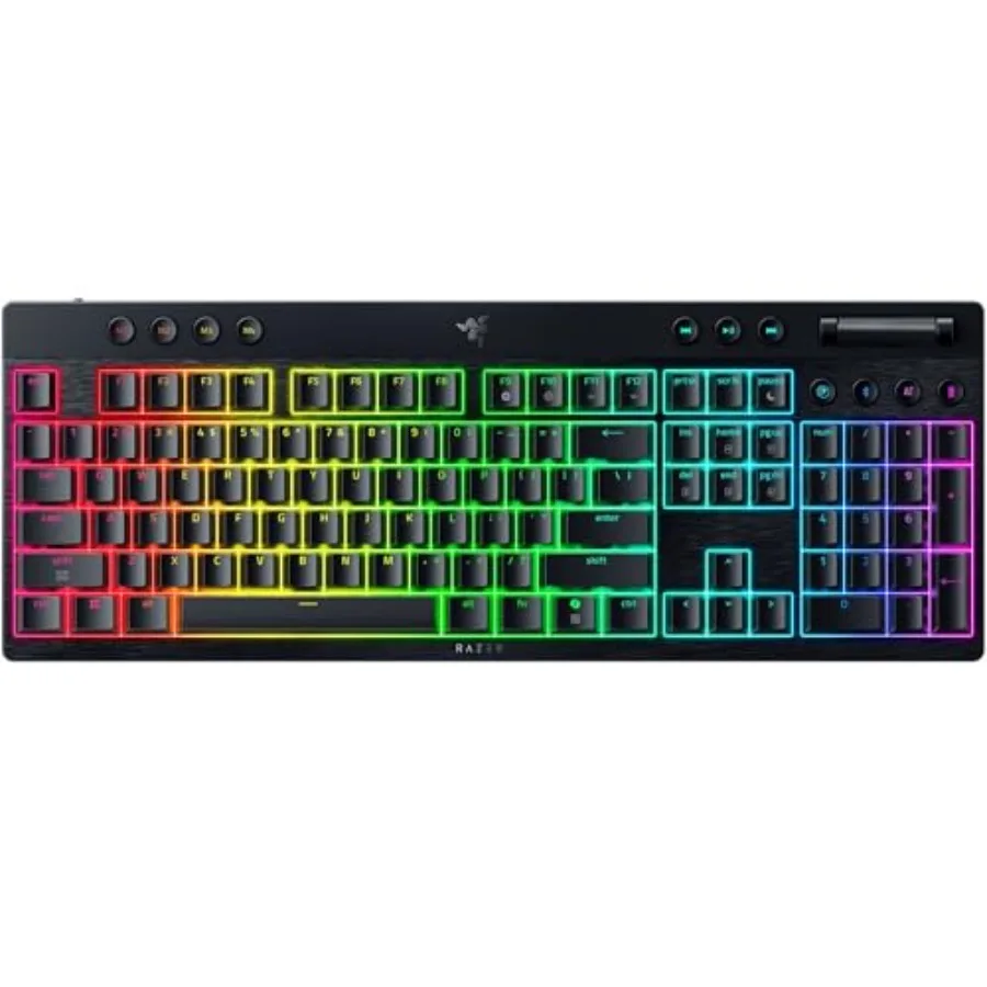 

Gaming Keyboard with Yellow Mechanical Switches 2.4GHz Wireless and Bluetooth Multi-Function Roller 11 Control Buttons Long Bat