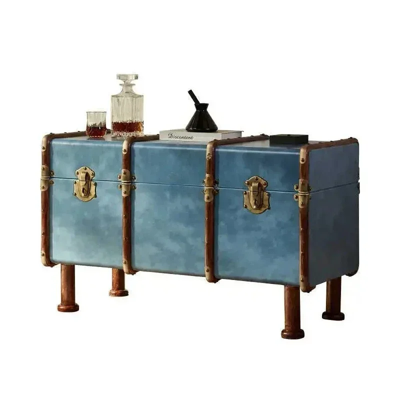 French antique coffee table solid wood, rattan suitcase leather retro leather case, classic American decorative cabinet