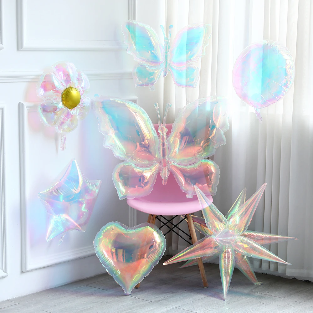 1pcs Dazzle Transparent Butterfly Laser Balloons Explosion Star Daisy Foil Balloons Kids Birthday Baby Shower Wedding Party Deco