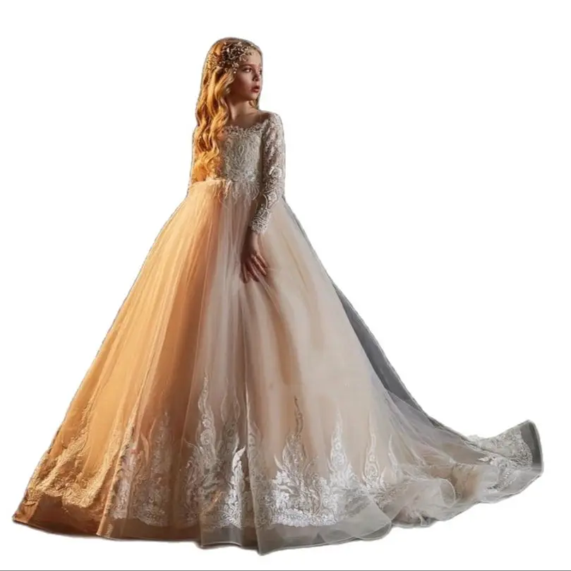 

Lace Long Sleeve Flower Girls Dress Kids Party Pageant Gown Kid Bridesmaid Ball Gown Champagne Dresses