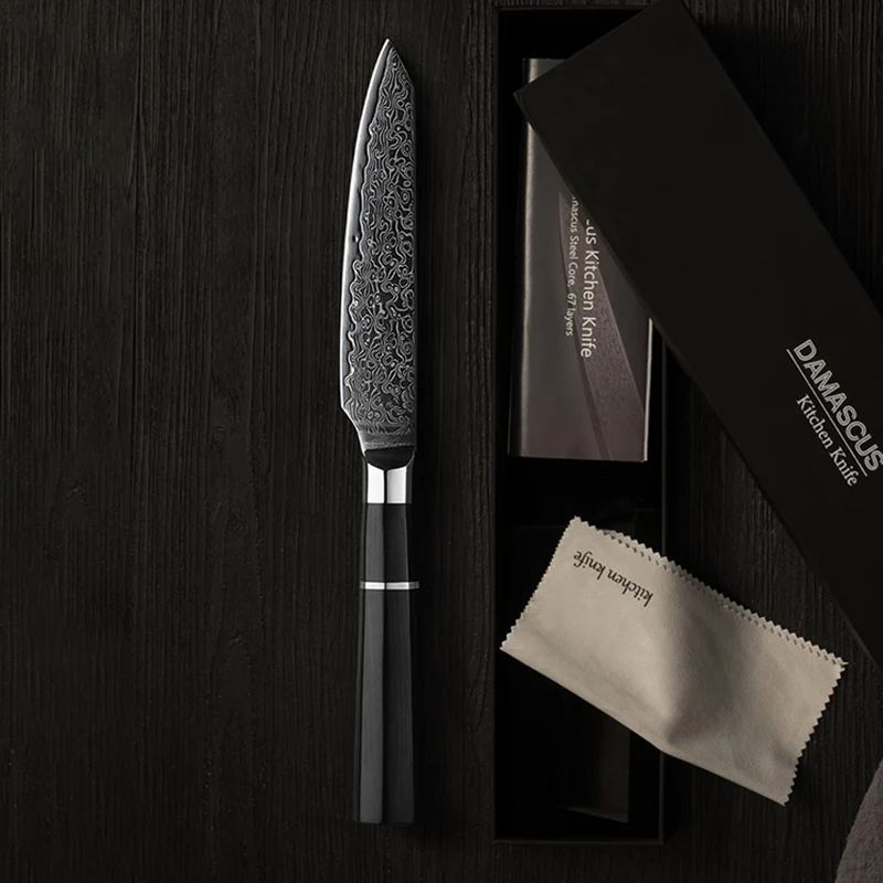 5 Inch Utility Knife 67-layers Damascus Steel 10Cr15CoMoV Blade Cleaver Paring Fruit Boning Peeling Kitchen Knives Ebony Handle