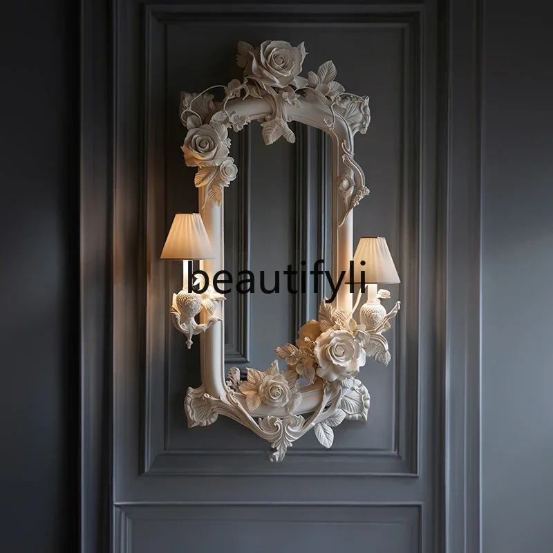 Original French carved bust mirror European living room fireplace decorative mirror beauty salon makeup mirror with lamp