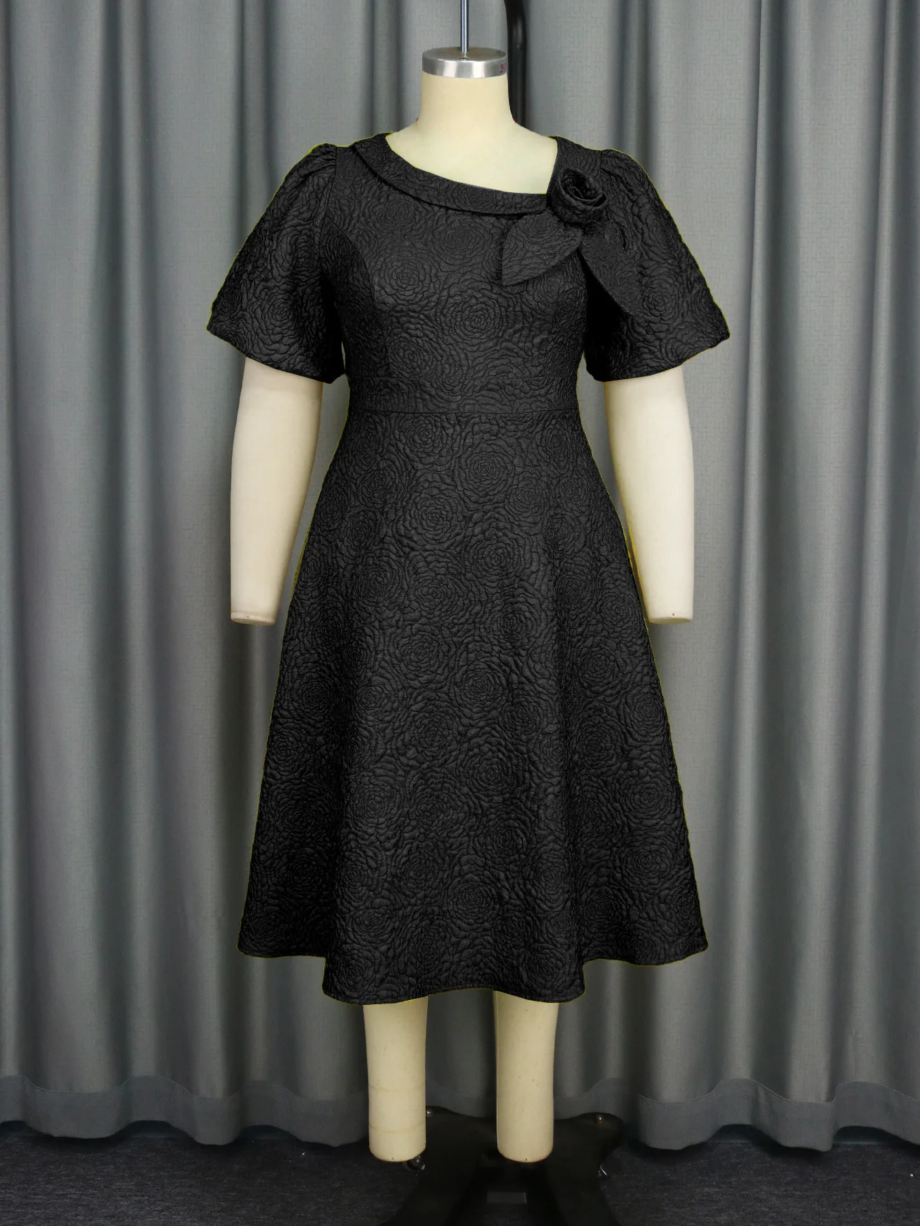 ผู้หญิง Elegant Jacquard A-Line ชุดเดรสแขนสั้น 3D ดอกไม้พัฟแขนวันเกิดงานแต่งงานสํานักงานสุภาพสตรีใส่ทํางาน https: