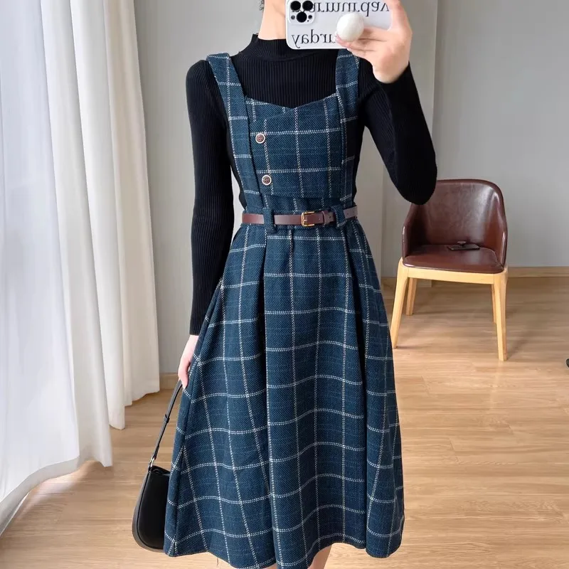

Новый осенне-зимний женский комплект из двух предметов: винтажное шерстяное платье-сарафан в клетку с поясом и свитер с длинным рукавом, плиссированный, А-силуэт